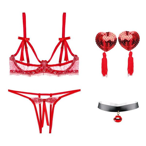 

bras sets the thick embroidery women lingerie set black underwear lace brassiere deep v push up bra panties, Red;black