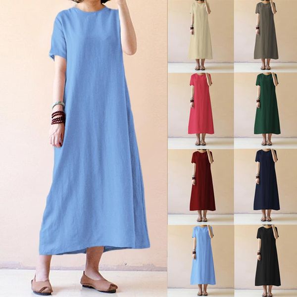 

casual dresses celmia 2021 summer maxi dress women causal short sleeve loose solid vintage cotton long shirt vestidos plus size, Black;gray