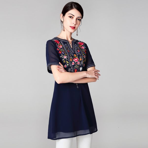

pants spring summer fashion blue women v-neck exquisite embroidery short sleeve shirt blusas feminino, White