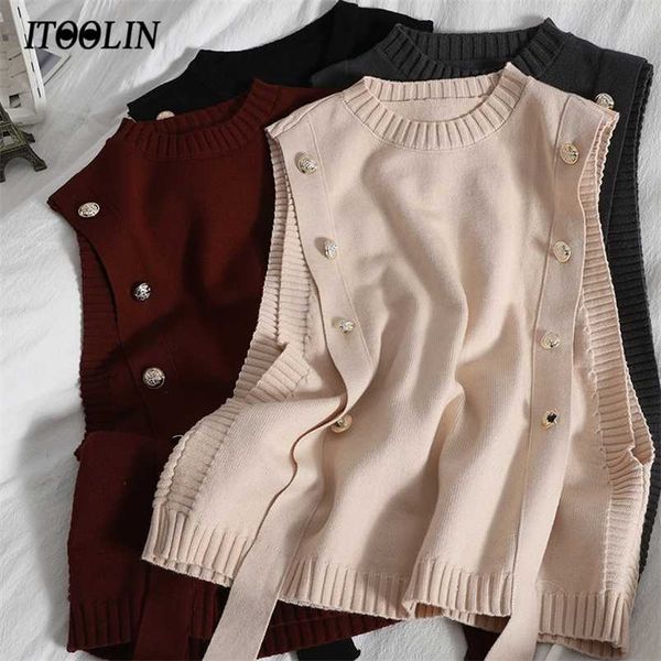 

itoolin autumn tank crewneck waistcoat women double-breasted knitted sweater vest female slim fit sleeveless jumpers elegant 211009, Black;white