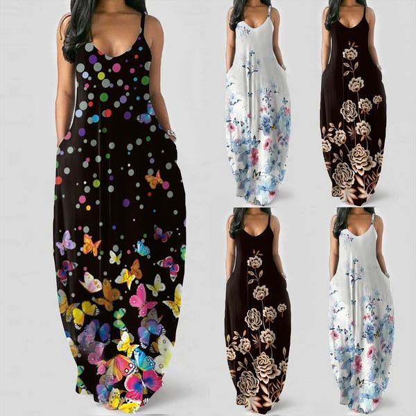 

fashion loose casual summer womens dress print pocket sling sleeveless vestido de mujer, Black;gray