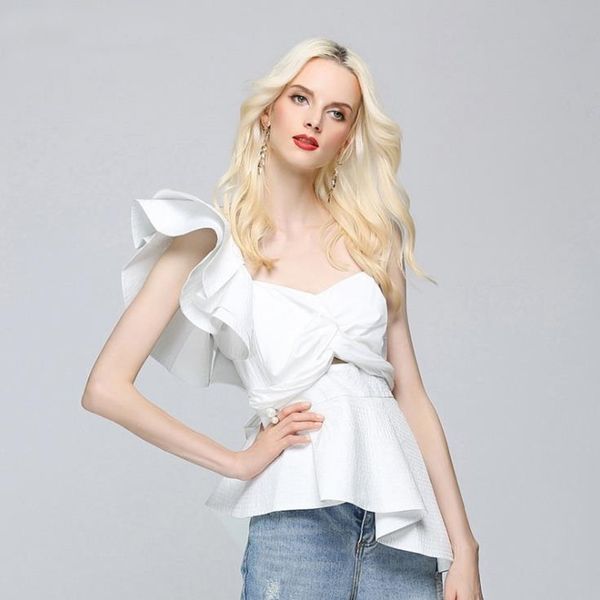 

summer ladies shirt strapless sleeveless irregular ruffled one-shoulder sleeves slim-fit solid color blouse front cross back lace-up fashion, White