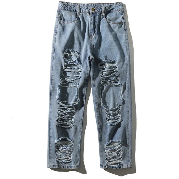 

hole ripped biker jeans men solid color vintage casual jeans baggy trousers jean autumn hip hop streetwear men, Black