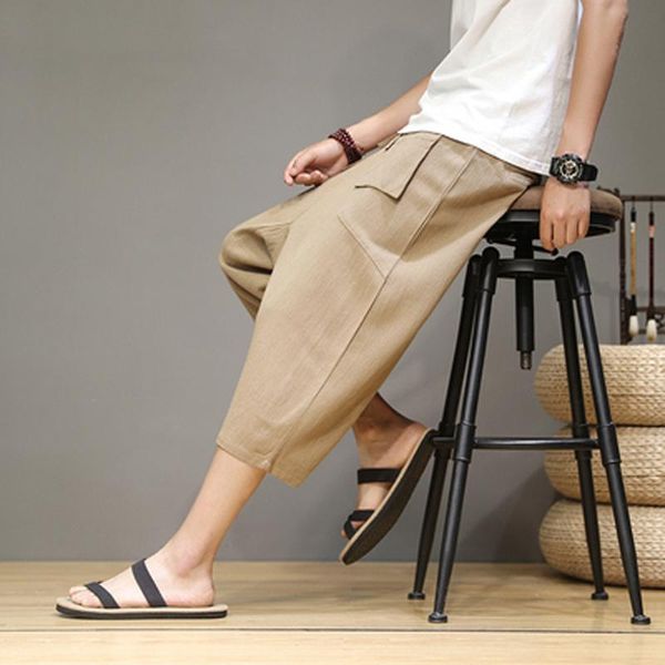 

men's pants hzirip plus size spring and summer loose bloomers men chinese style cropped double pocket trendy casual, Black
