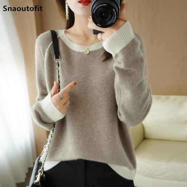 

women's sweaters color-blocking rround neck pure wool sweater autumn winter keep warm loose knitted pullover all-match bottoming top, White;black