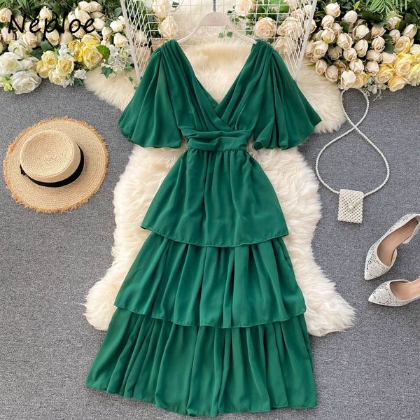 

neploe chiffon dress summer new v-neck solid backless ruffles flare sleeve slim wasit sweet cake dresses 82159 210423, Black;gray