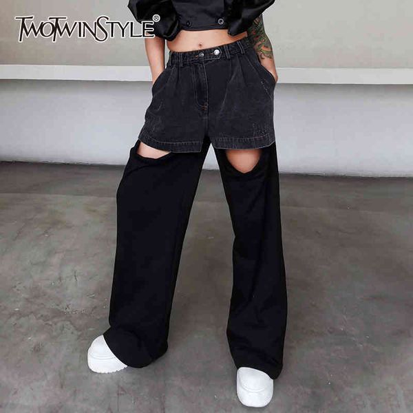 

black patchwork denim trouser for women high waist hollow out straight wide leg pants female fashion new clothes 210428, Black;white