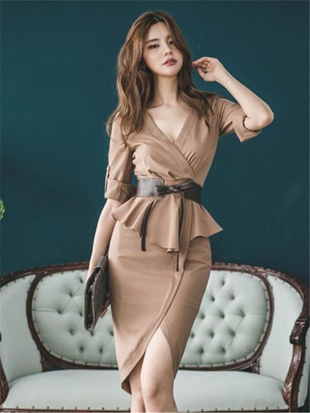 

casual dresses maxi dress sale vadim women 2021 autumn fashion elegant female slim v-neck waist hip natural three quarter, Black;gray