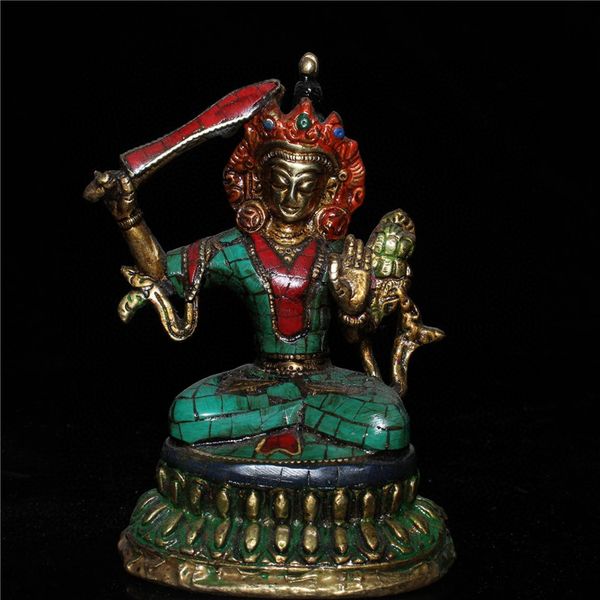 

chinese old tibetan craft green pine inlaid manjushri sword buddha statue, Brown