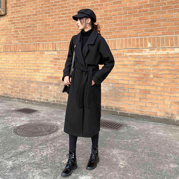 

women's trench coats vintage female turn-down collar woolen jackets thick long women's fashionable winter coats loose outwear 5lsm, Tan;black
