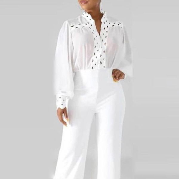 

two piece outfits for women hollow out long sleeve shirt and high waisted pants fall fashion office work wear 2 pc set women's, White