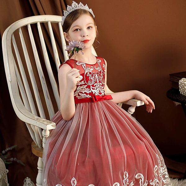 

girl's dresses kids sleeveless vintage embroidered princess dress for girls floral birthday party wedding long children clothing, Red;yellow