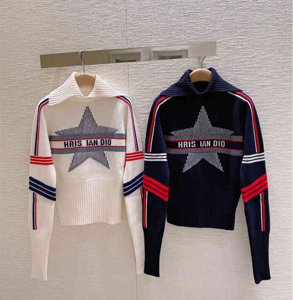 

d family wool sweater women's 21 early autumn skiing series five pointed star letter jacquard slim lapel long sleeve, White