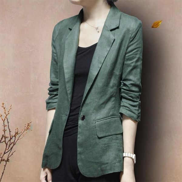 

women's jackets arrival spring/autumn women casual single button three quarter sleeve blazer slim cotton linen notched collar coat, Black;brown