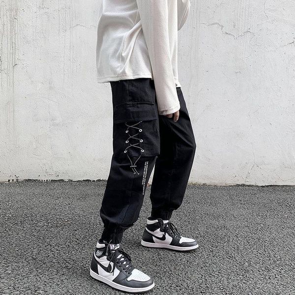 

men's pants man summer solid loose high street straight pant korean fashion pocket tooling men student casual trousers, Black