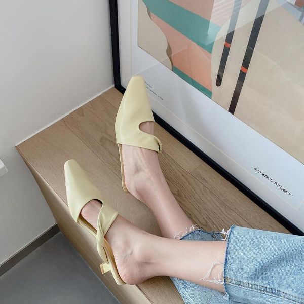 

summer women's novel sandals leather lining wine glass heels turned over edge covered small square toe slip on slippers, Black