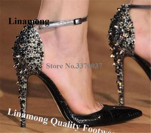 

dress shoes bling women fashion pointed toe rhinestone rivet stiletto heel pumps gold leopard spike high heels formal wedding, Black