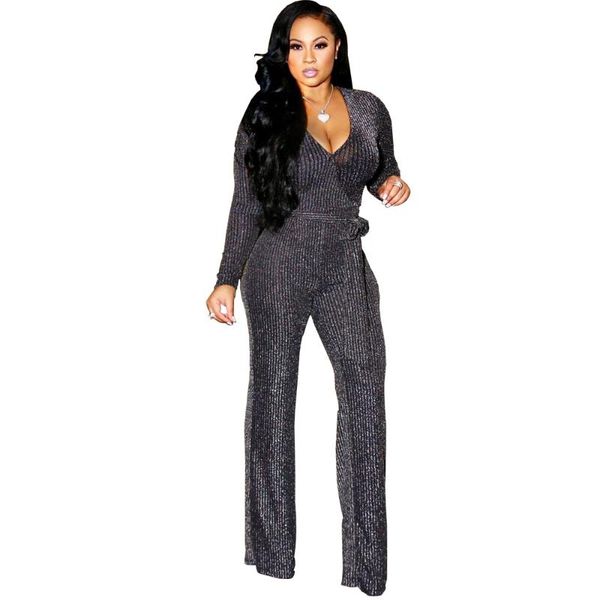 

women's jumpsuits & rompers yuyou winter fashion v-neck gold and silver brushed jumpsuit ladies overalls elegant party wide-leg pants, Black;white