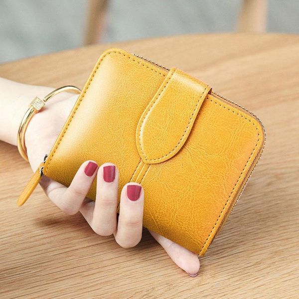 

yellow genuine leather women short wallet female small walet fashion lady money zip coin purse card holder free, Red;black