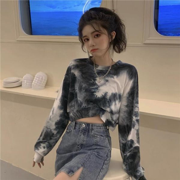 

womens tie dyed spring women sweater autumn long sleeve korean loose high waist short fashionable pullover, White;black