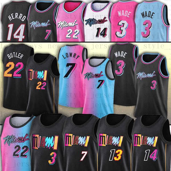 

22 butler miamis basketball jerseys jimmy dwayne dwyane 3 wade 7 kyle bam 14 tyler lowry herro ado robinson men stitched jersey, Black
