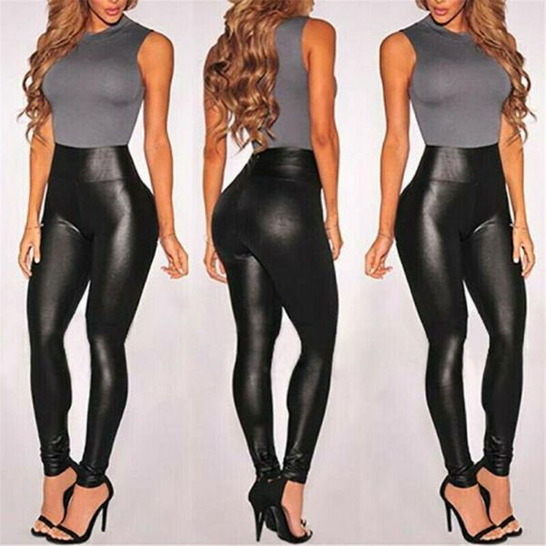 

high street pants women thin black pu leather stretch faux waist slim leggings trouser women's & capris, Black;white
