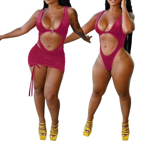 

one-piece suits women two-piece swimming clothes set, solid color deep v-neck swimwear and drawstring skirt, s/ m/ l/ xl/ xxl