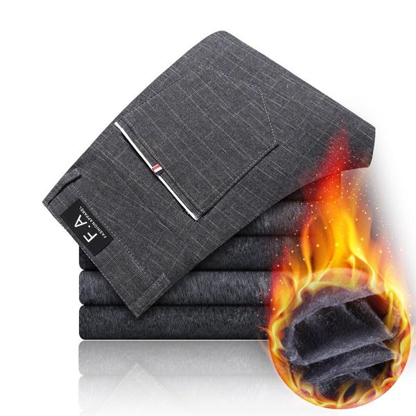 

men's pants winter fleece fluff thicken warm casual men business straight elastic thick plaid cotton gray trousers male, Black