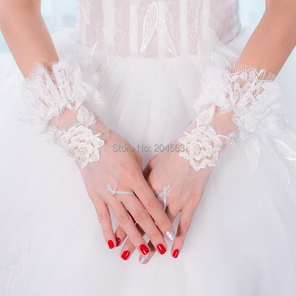 

bridal gloves short wedding party fingerless tulle wrist lace with pearls, White