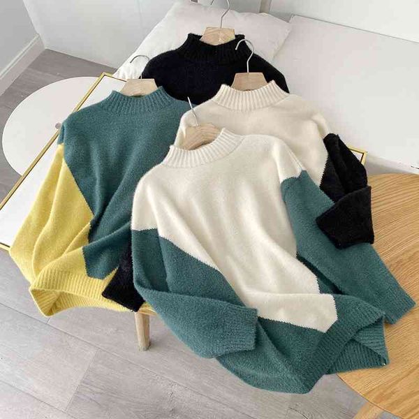

2021 new women'sturtleneck half high collar color block sweater fall women w3nv, White;black