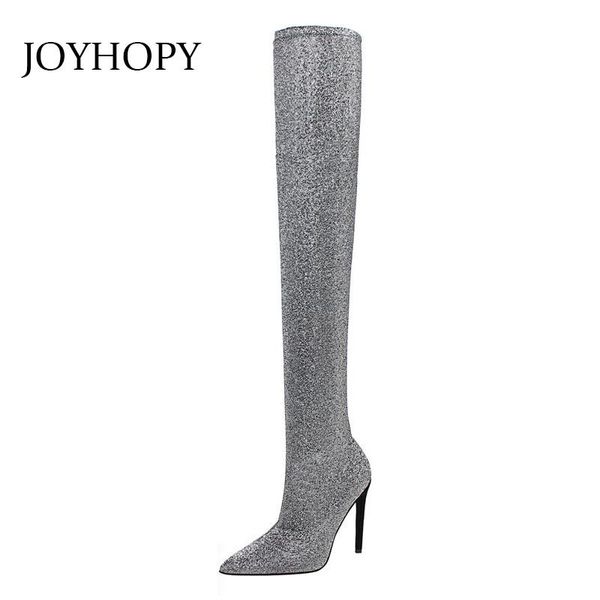 

boots pointy sequin thin high heels stretch febric over the knee woman autumn nightclub party thigh shoes wb012, Black