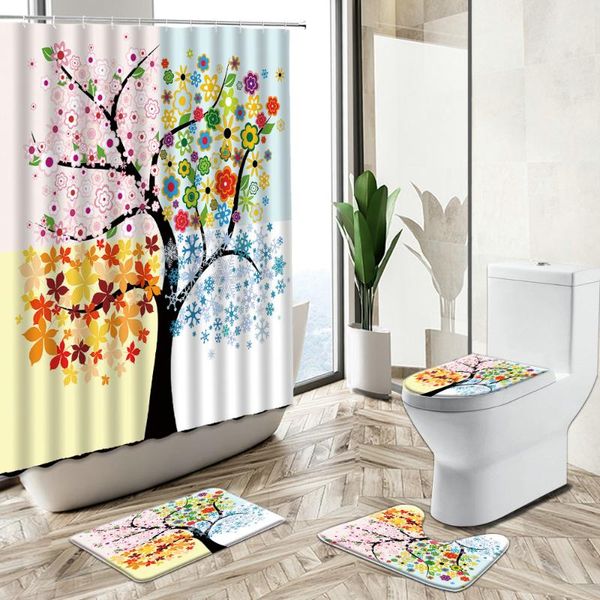 

shower curtains colorful tree printed curtain four seasons plant leaf flower creative design non-slip rug toilet cover bathroom deco set