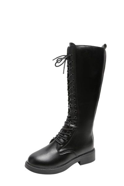 

boots 2021 leather long women autumn winter root lace all-match fashion, Black