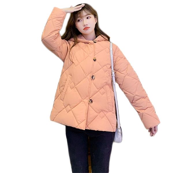 Frauen Kurze Daunen Baumwolle Jacke Herbst Winter Koreanische Mode Grün Gelb Lose Langarm Mit Kapuze Parkas Feminina LR944 210531