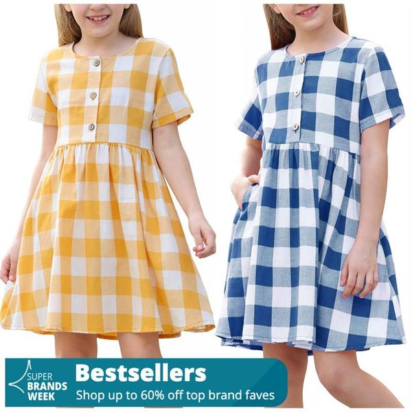 

girl's dresses kids for girls 12 years long dress button up cute teen pleated waist loose casual plaid princess, Red;yellow