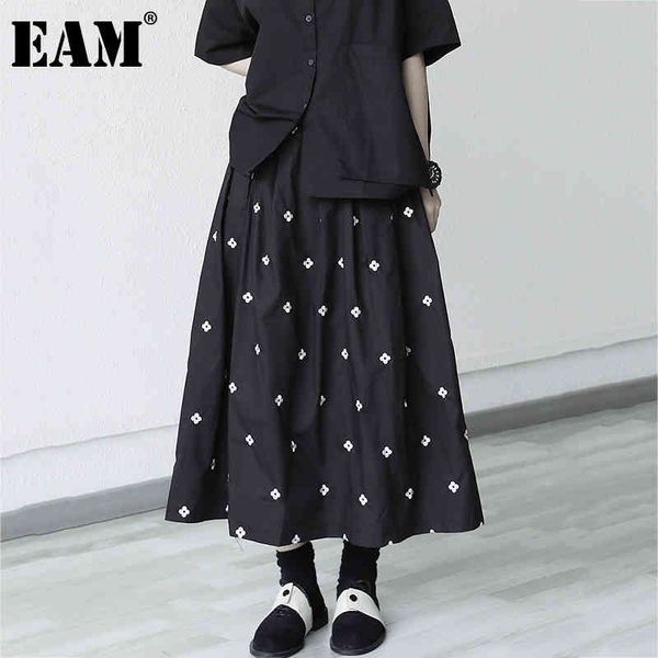 

[eam] high elastic waist black white embroidery pleated casual half-body skirt women fashion spring autumn 1dd7619 21512