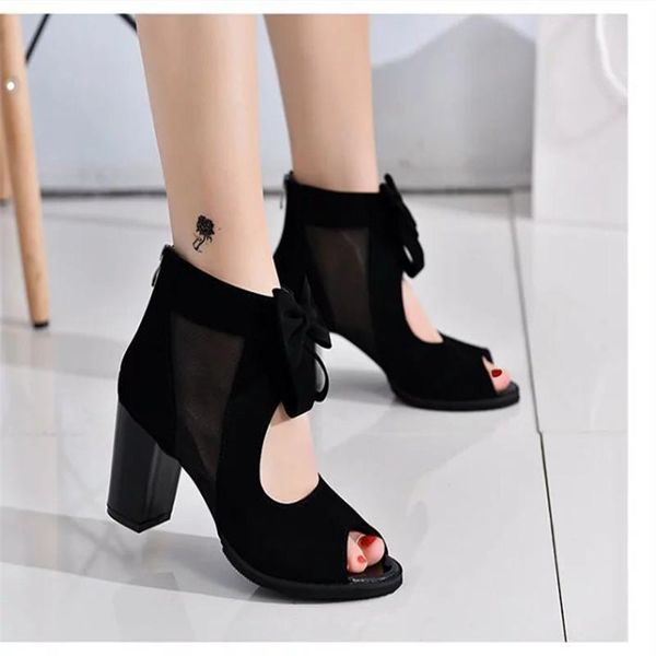 

women sandals square high heels summer shoes woman butterfly-knot hollow peep toe gladiator party, Black
