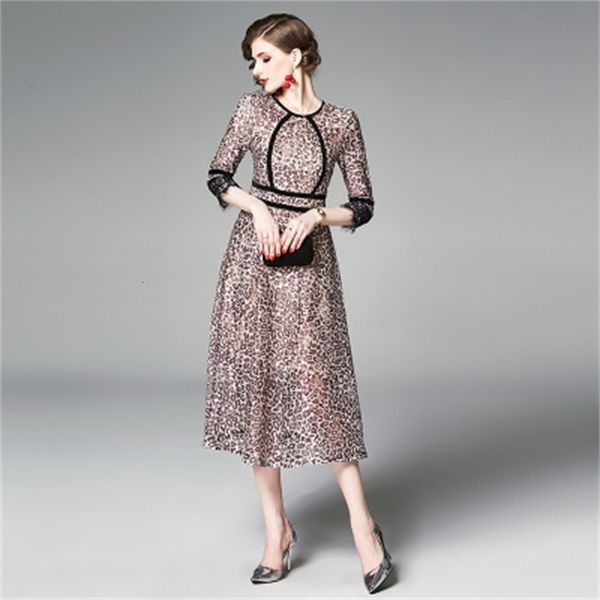 

casual dresses summer leopard print dress women lace patchwork hollow flare sleeve o-neck vintage elegant vestidos uauz, Black;gray