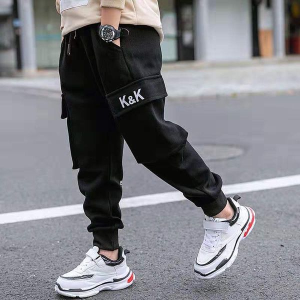 

boys pants boy letter print cotton sweatpants casual korean cargo pants fashion teenage kids sport multi-pocket pants, Blue