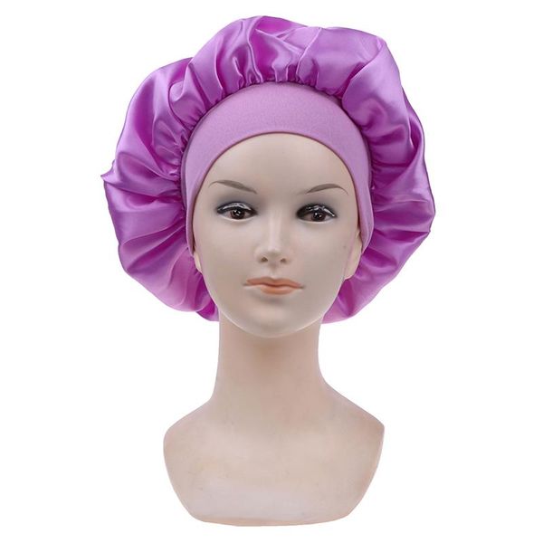 

58cm solid color women satin bonnet cap night sleep hat adjust shower caps