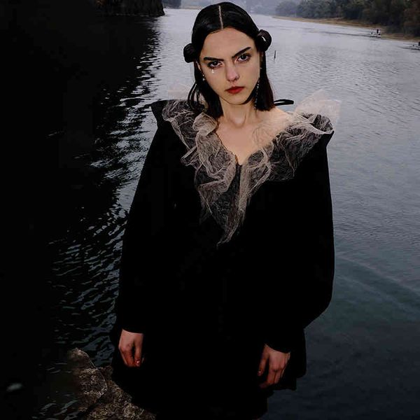 

[deat] spring fashion women blazer ruffles organza pullover backless a-line loose big size black dresses tide wr06201l 210428, Black;gray