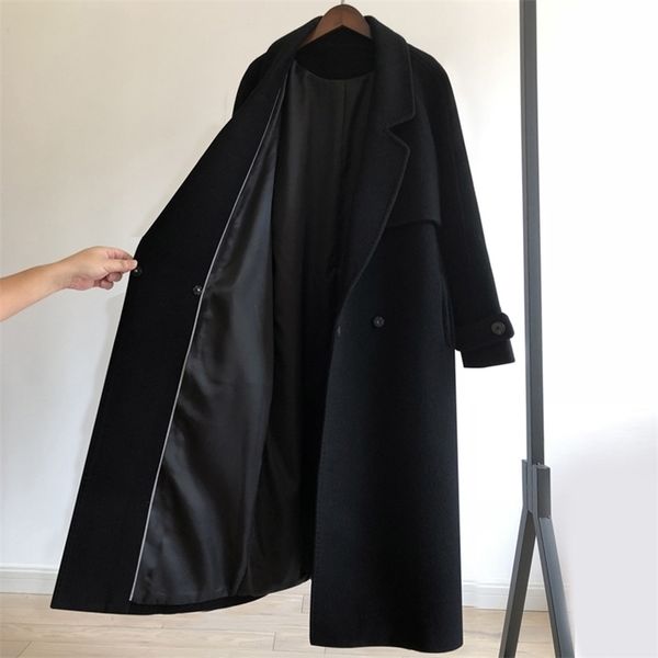 

fall/winter black woolen coat women's fashion coat loose belt temperament is thin casual wool coat trench office lady long 211104