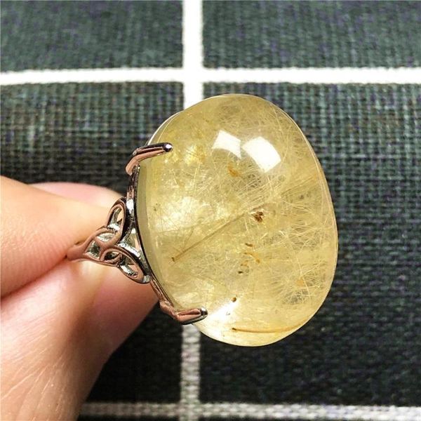 

cluster rings 100% natural gold hair rutilated quartz ring for woman lady man love 23x16mm beads silver crystal adjustable jewelry, Golden;silver
