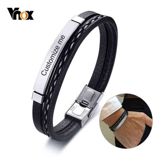 

vnox multi layer leather bracelets for men women customizable engraving stainless steel casual personalized bangle, Golden;silver