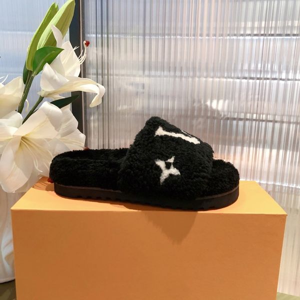 

designers winter luxurys shoes women wool slippers fur fluffy furry warm letters sandals comfortable logo embroidery flip flop, Red;white