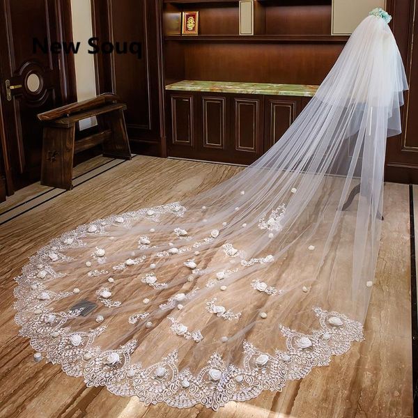 

bridal veils cathedral length long wedding with rose flower lace applique voile mariage veil accessories velo de novia, Black