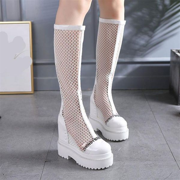 

boots platform shoes women's leather knee high summer sandals wede heels round toe party pumps creepers oxfords, Black