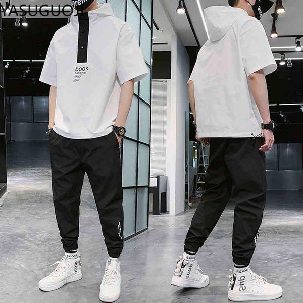 

men's tracksuits yasuguoji summer sport sets men short sleeve t-shirt+trousers two pieces cargo casual patchwork male sweatsuit tracksu, Gray