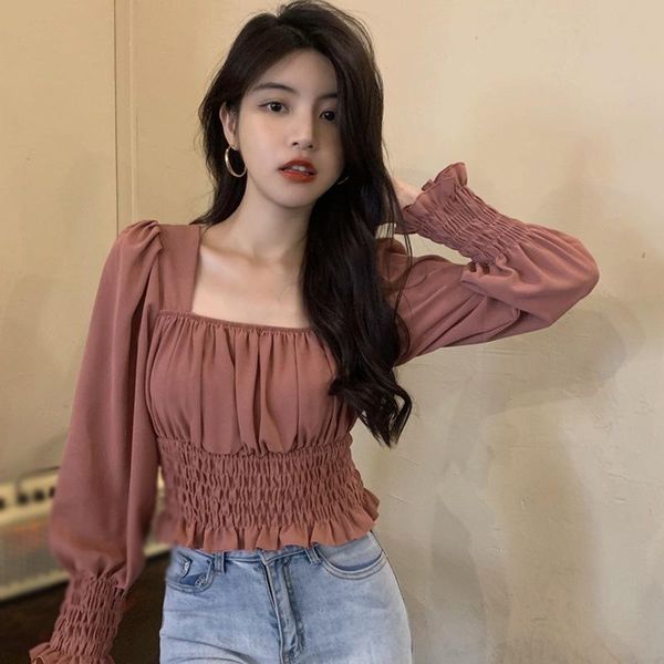 

women's blouses & shirts women korean square collar solid color slim sweet exposed navel chiffon long sleeves shirt 2021 autumn, White