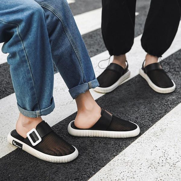 

slippers breathable mesh hollow summer beach slides women men sandals flip flops thick platfrom soled ladies couples shoes, Black
